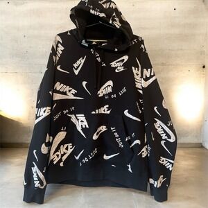 Nike All Over Logo Hoodie Black White Mens Size Large Just Do It Sweatshirt